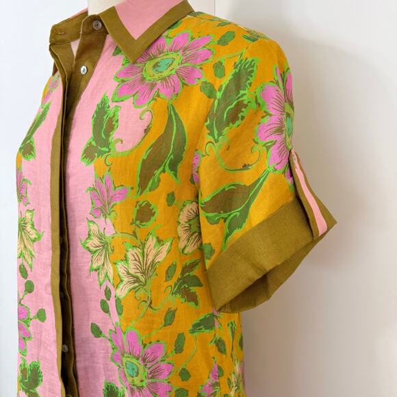 ALEMAIS Winnie Floral Print Linen Shirt Button-Down Top Tangerine US 4 Oversized - Picture 5 of 10